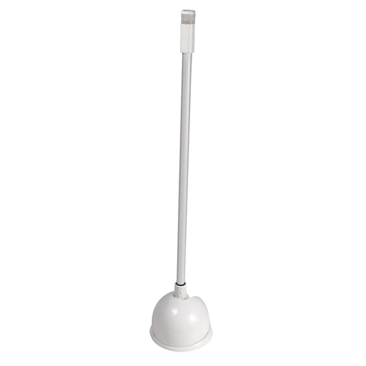 White toilet plunger with long handle for bathroom cleaning and clog removal