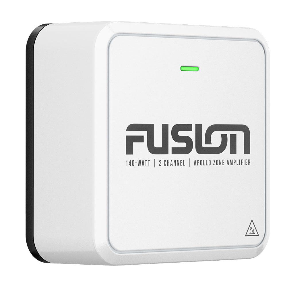 Fusion 140-watt 2-channel Apollo Zone amplifier with green power light, compact white design