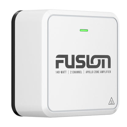 Fusion 140-watt 2-channel Apollo Zone amplifier with green power light, compact white design