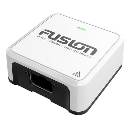 Fusion 140W 2-Channel Apollo Zone Amplifier with green power light, compact white and black design