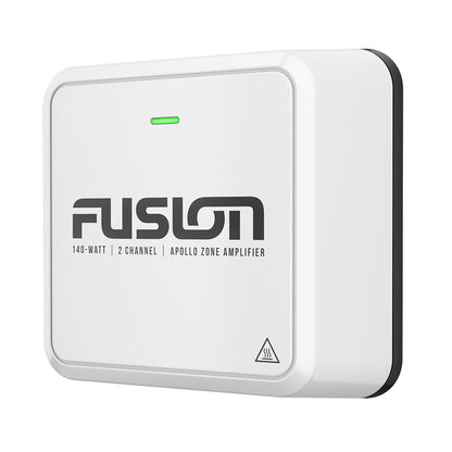 Fusion 140W 2-Channel Apollo Zone Amplifier with green power indicator, compact white design