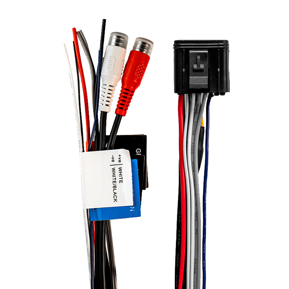 Car audio wiring harness with RCA connectors and labeled cables for Alpine or JL Audio installation