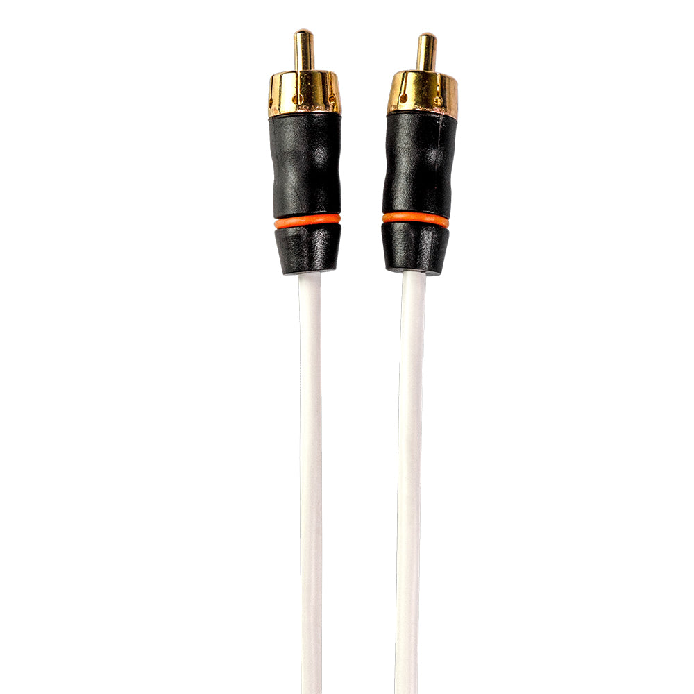 Gold-plated RCA audio cables with black connectors and orange rings for car stereo or home audio systems
