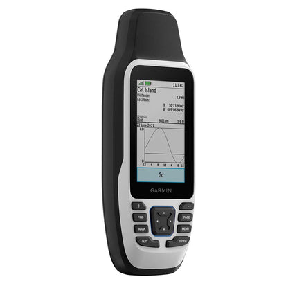 Garmin handheld GPS device displaying location, tide chart, and navigation data for Cat Island