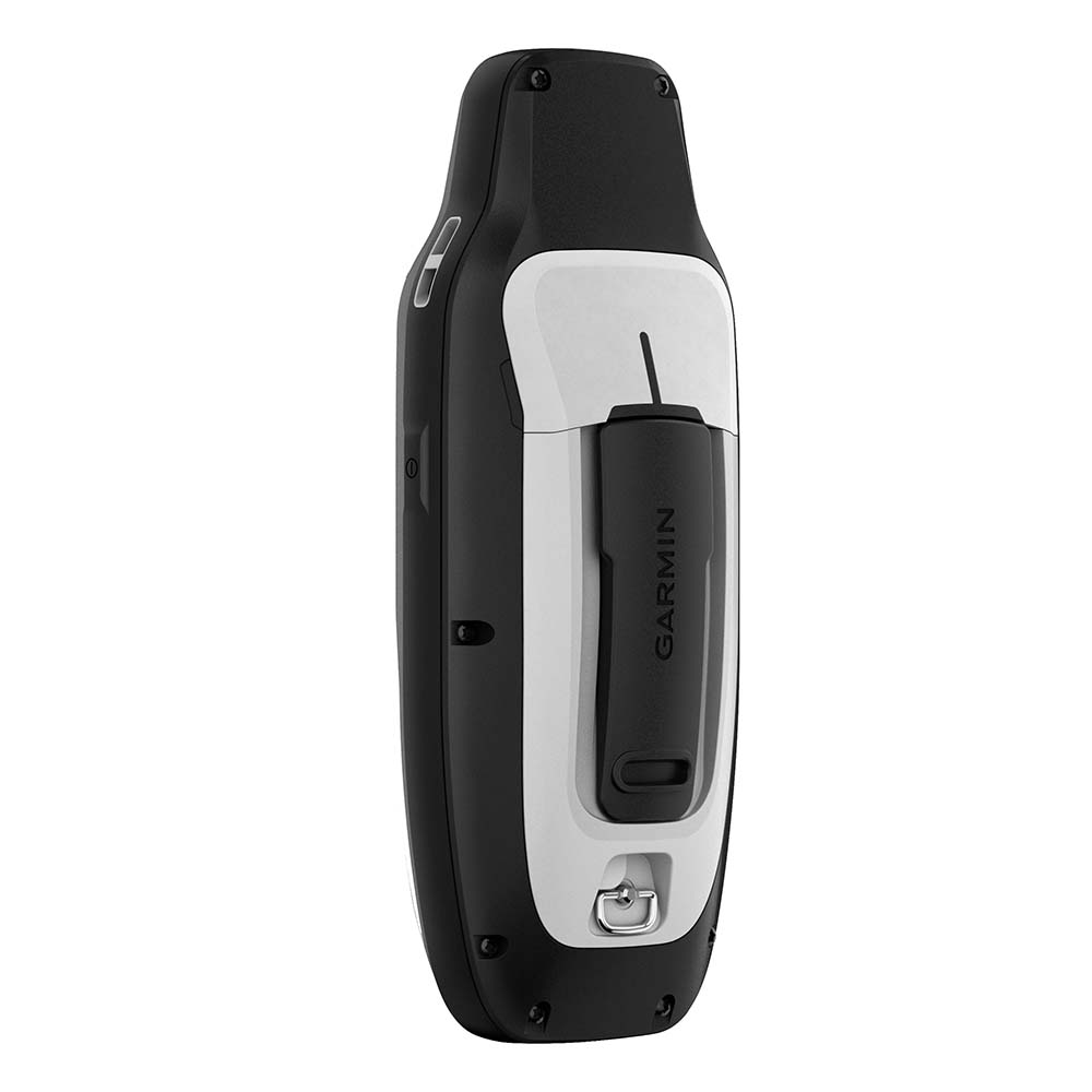 Garmin GPS device back view with mounting clip and screws, rugged black and white design