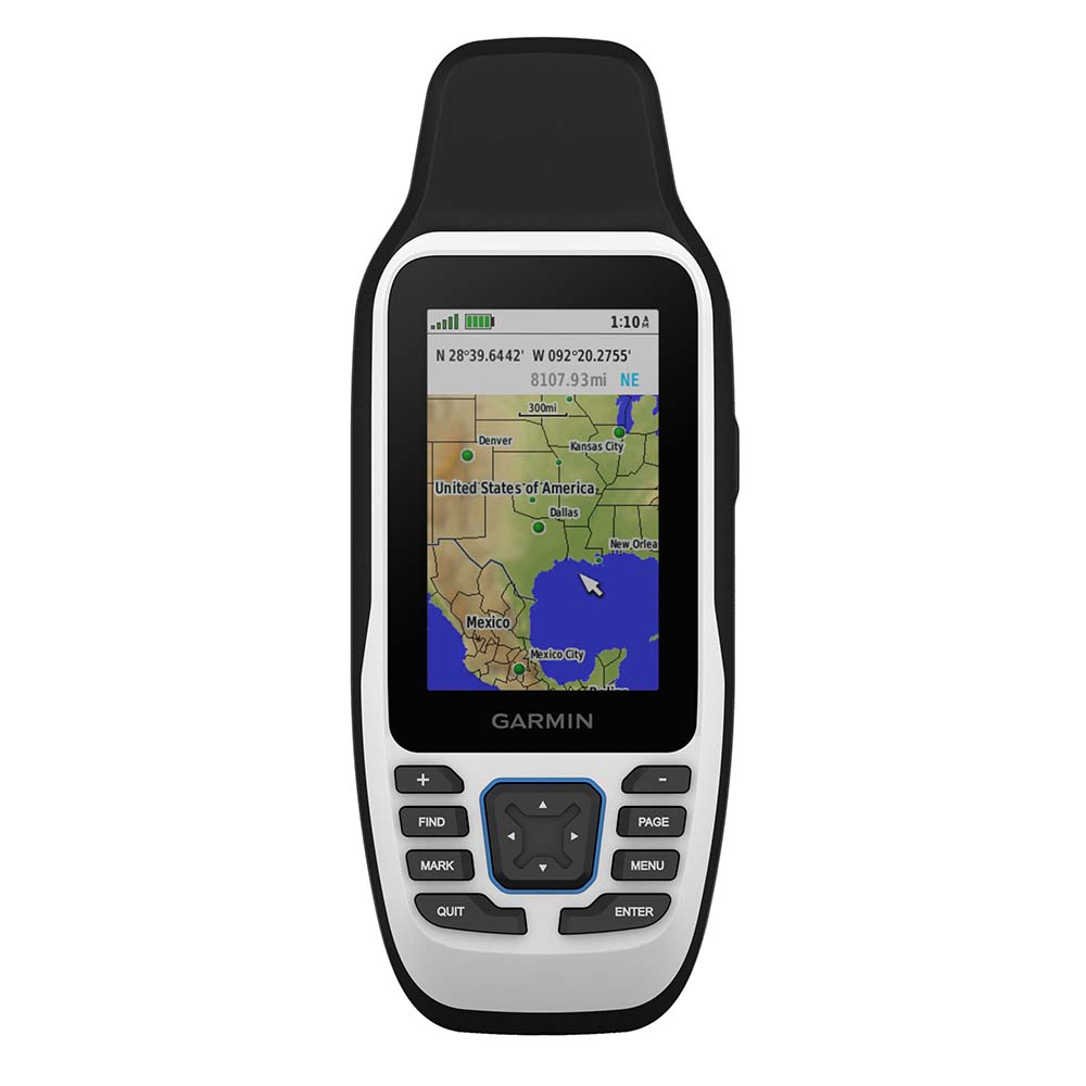 Garmin handheld GPS device displaying US map with coordinates and navigation buttons