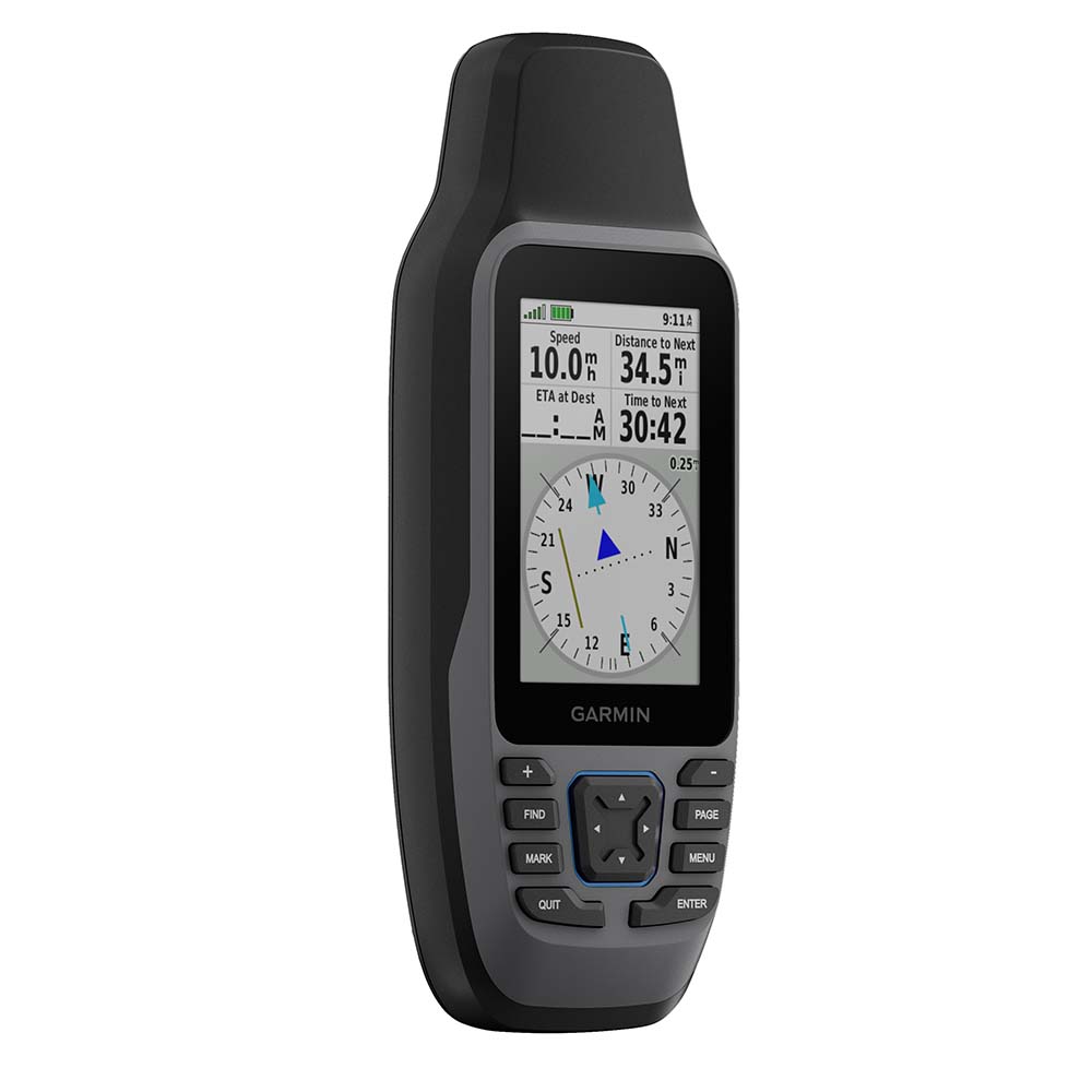 Garmin handheld GPS device displaying speed, distance, and compass for outdoor navigation
