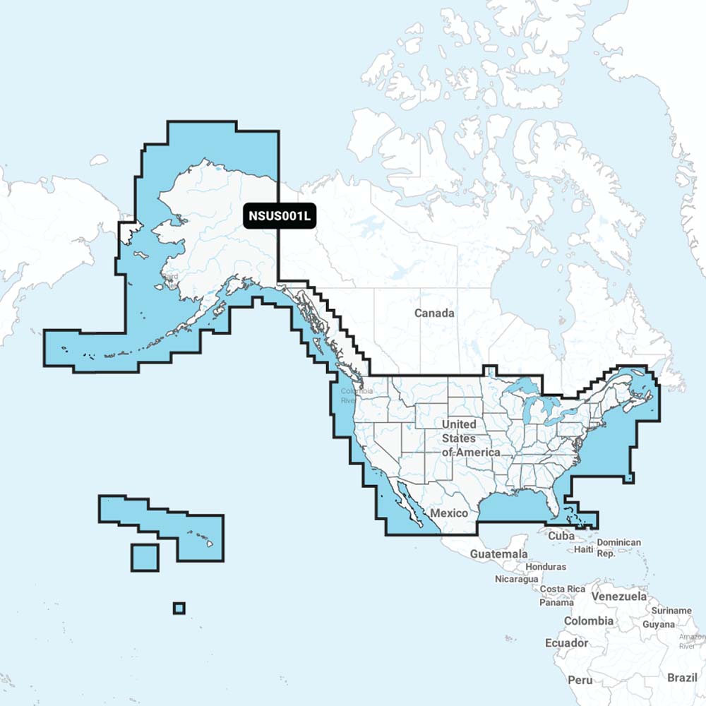Map highlighting US, Alaska, Hawaii, and territories with code NSUS001L for regional service coverage