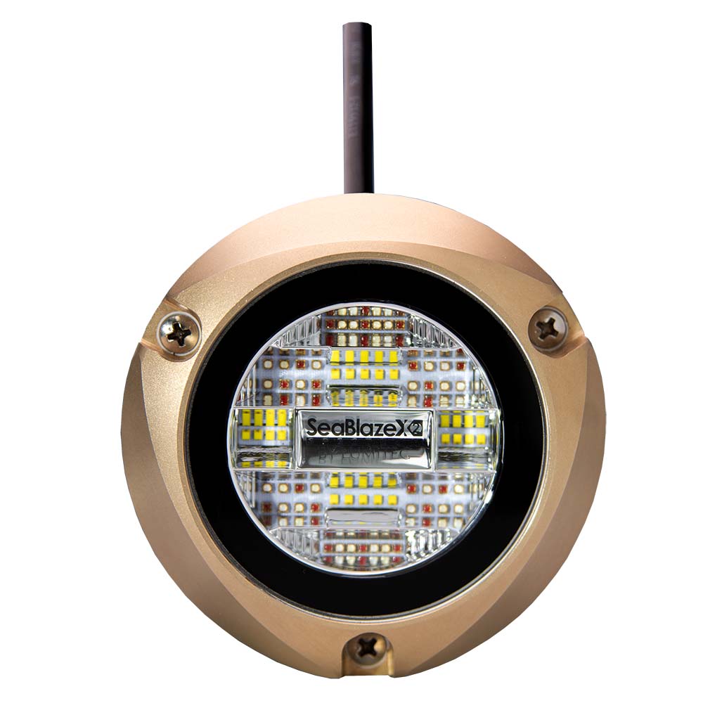SeaBlazeX2 marine LED light with gold housing and RGB LEDs for boat illumination