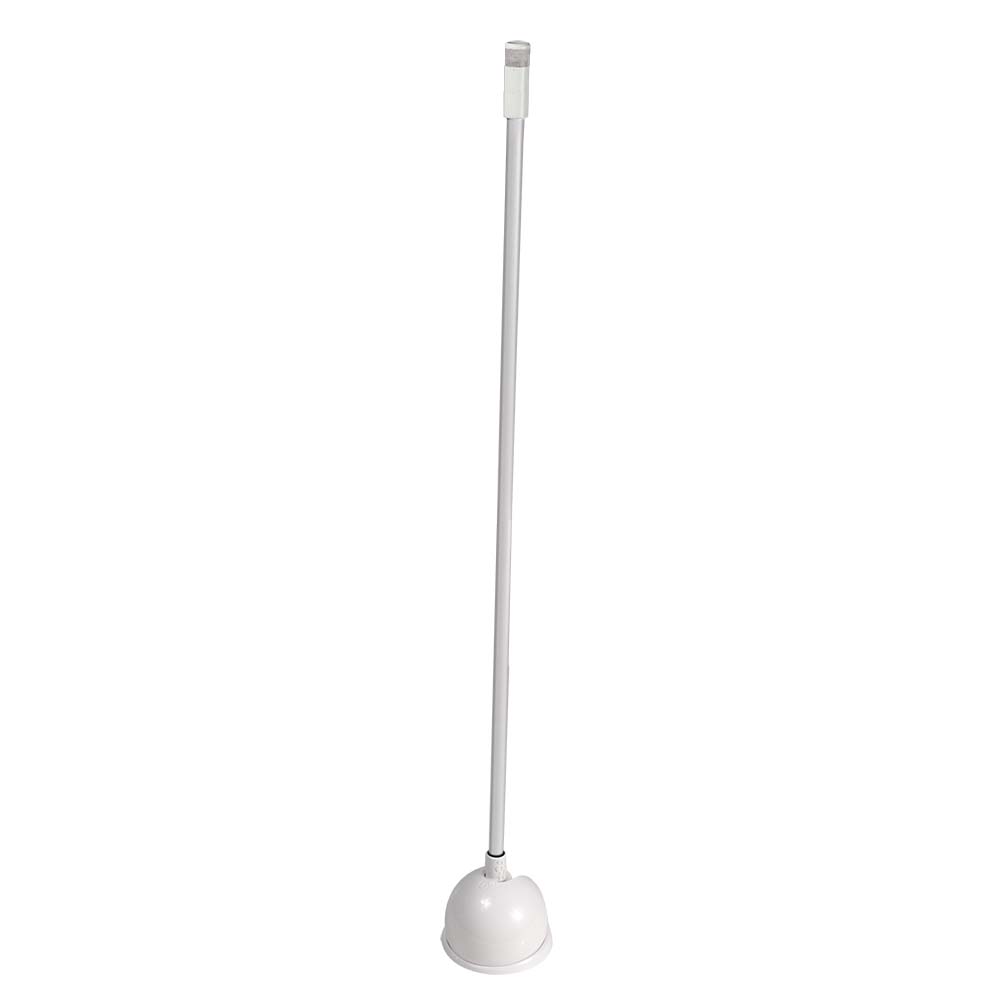 White toilet plunger with long handle for bathroom cleaning and clog removal