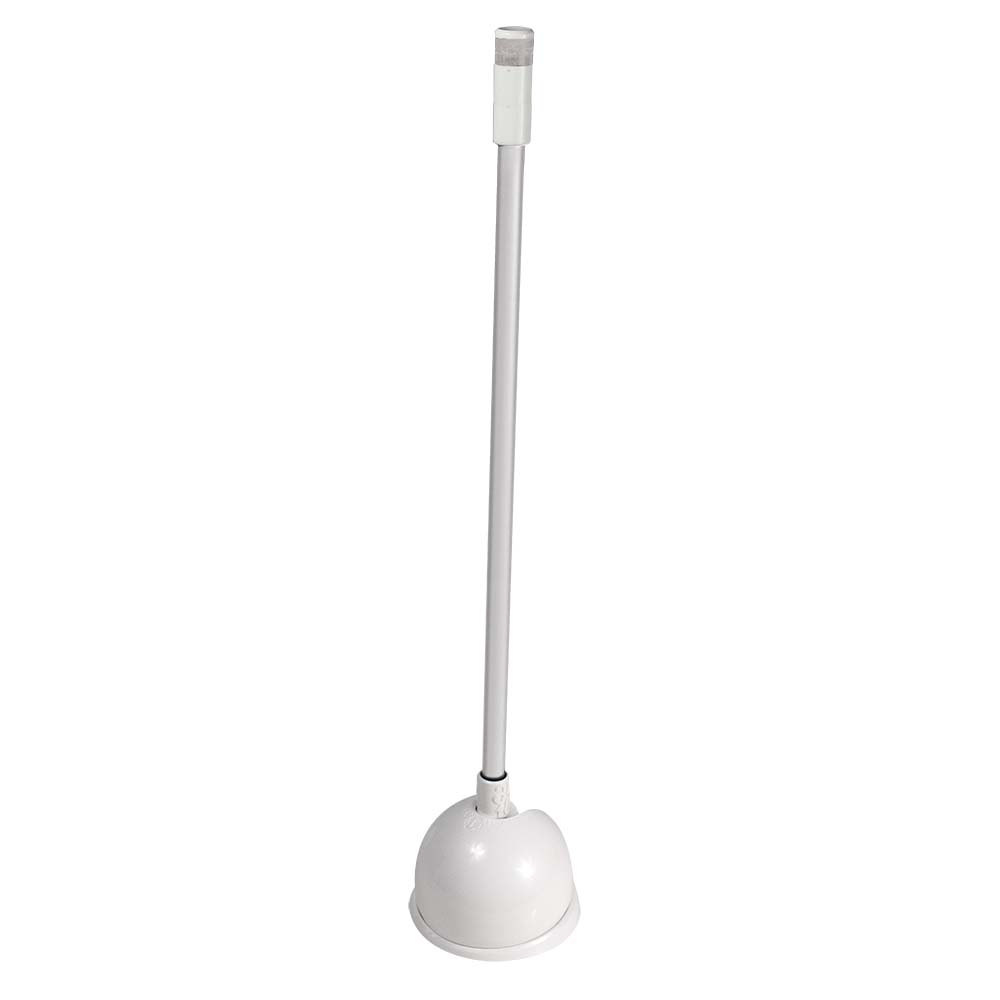 White toilet plunger with long handle for bathroom cleaning and clog removal