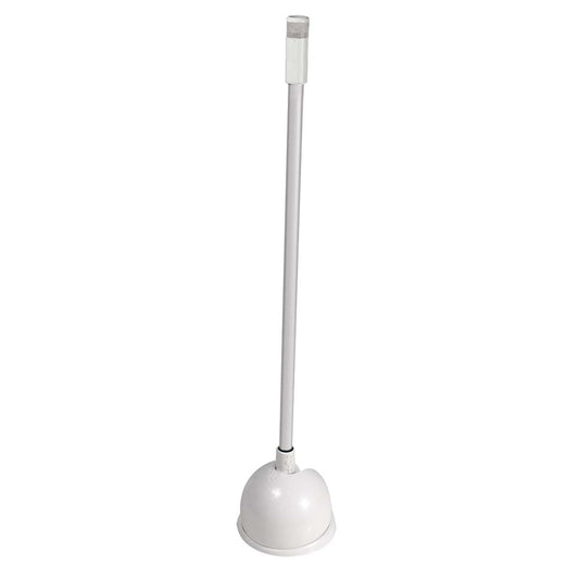 White toilet plunger with long handle for bathroom cleaning and clog removal