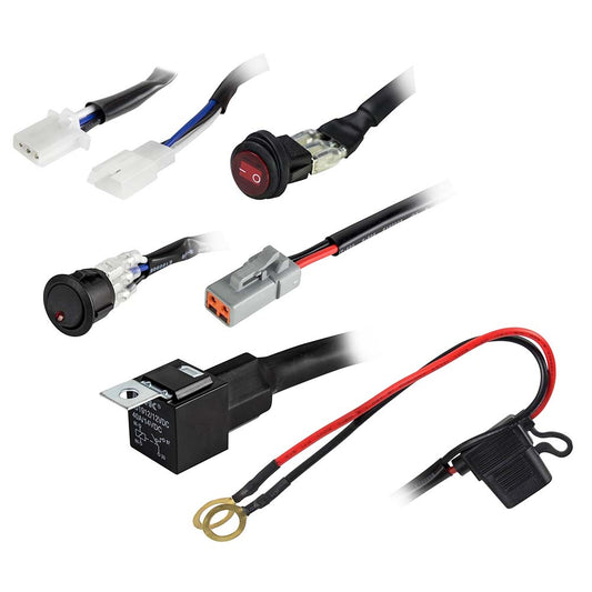 Auto wiring harness kit with switches, relays, and connectors for vehicle audio or lighting installation