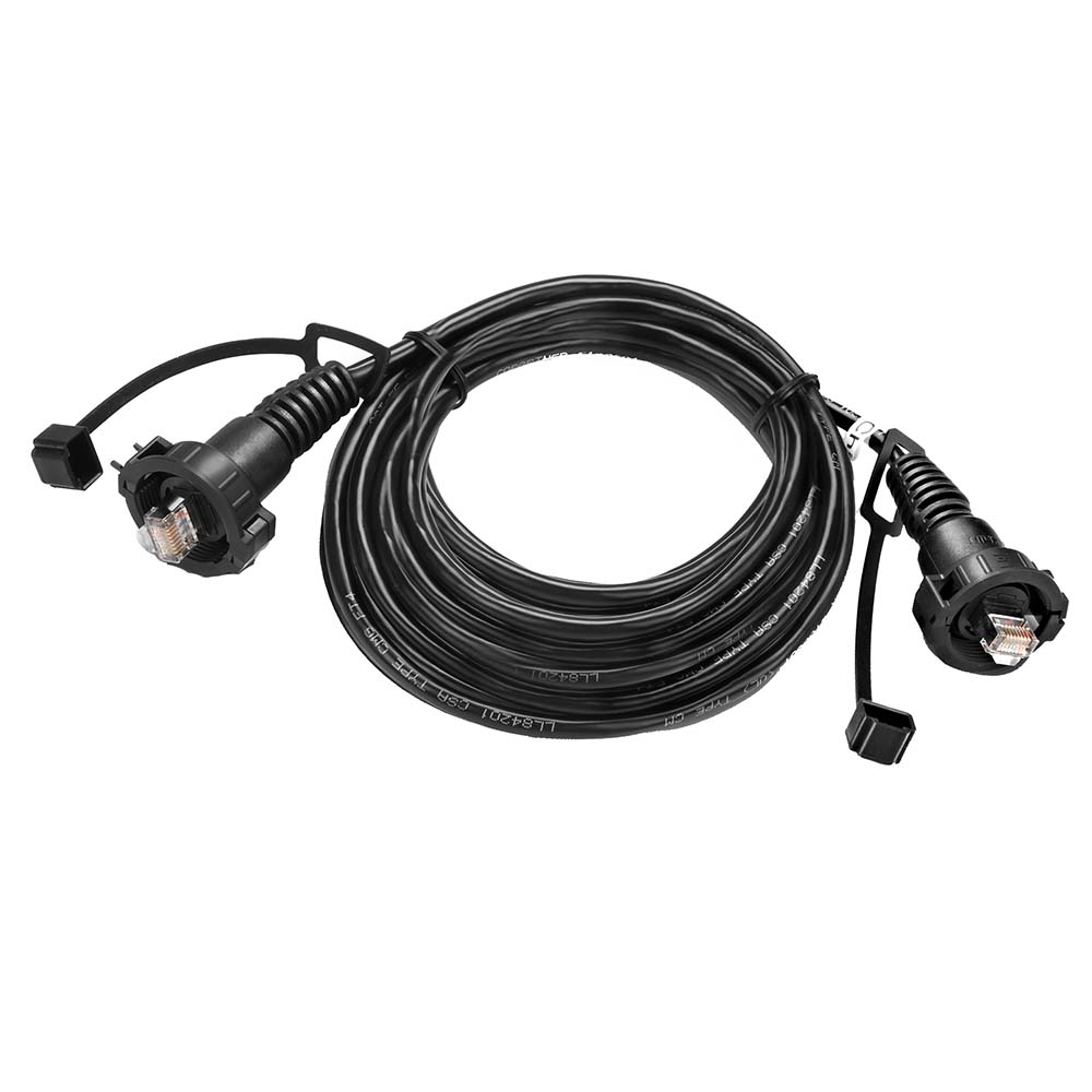 Black coiled Ethernet cable with RJ45 connectors for audio/video installation