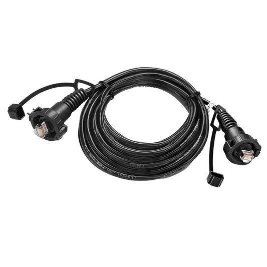 Black coiled Ethernet cable with RJ45 connectors for audio/video installation