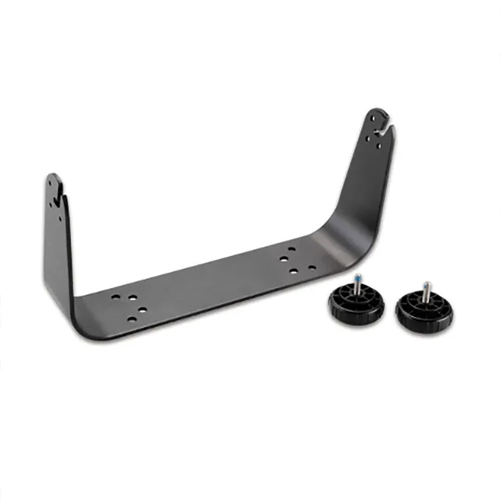 Black U-shaped car audio subwoofer mounting bracket with included isolation feet for secure installation