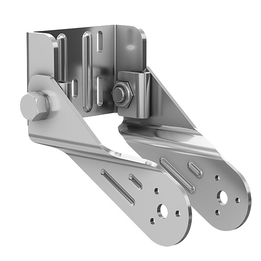 Stainless steel automotive mounting bracket with bolts and slotted holes for secure installation