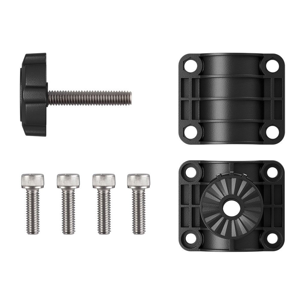 Black plastic mounting brackets with stainless steel screws and thumbscrew for audio or auto installation