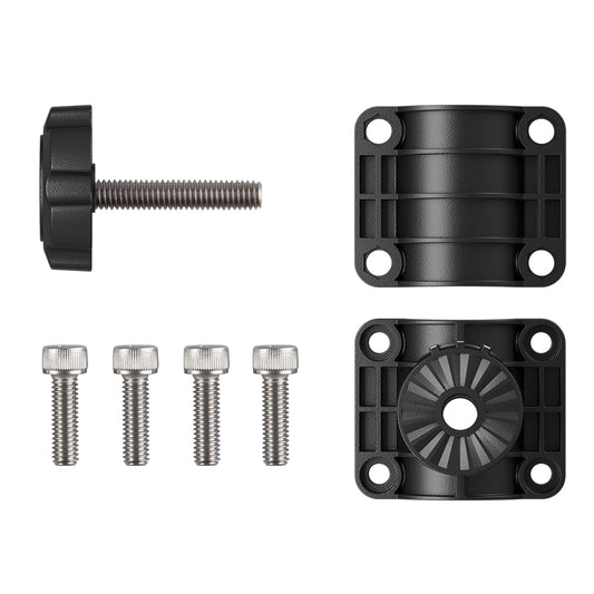 Black plastic speaker mounting brackets with stainless steel screws and knobs for car audio installation