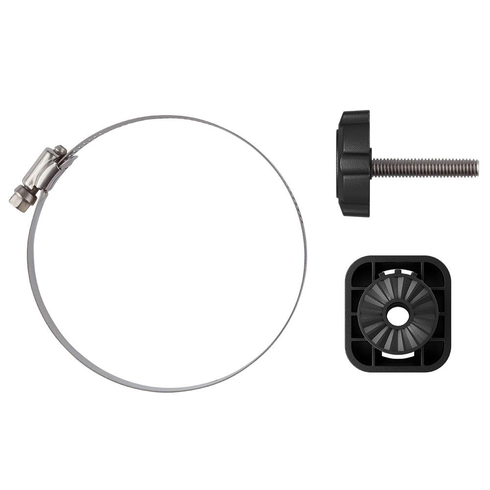 Stainless steel hose clamp with black plastic mounting bracket and bolt for auto audio installation