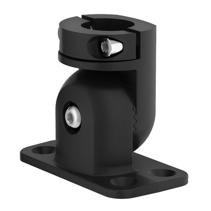 Black adjustable mounting bracket with screw fasteners for audio or auto installations