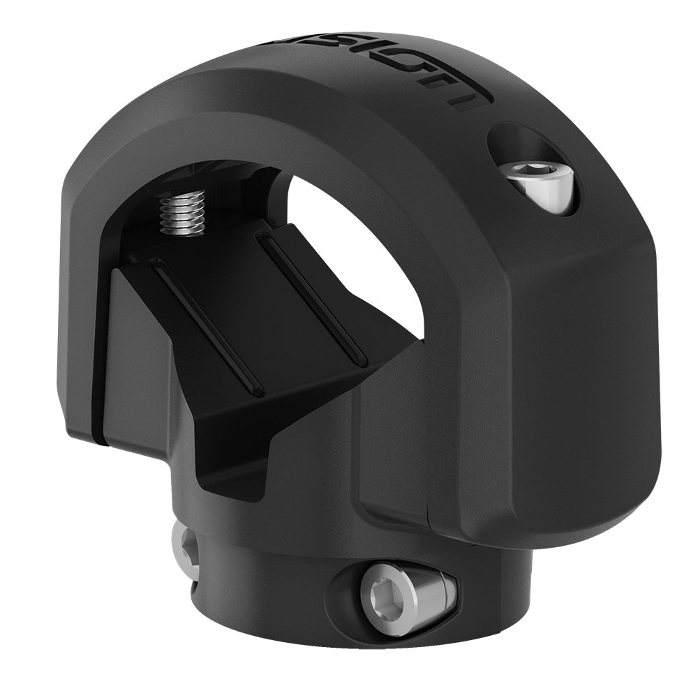Black motorcycle handlebar mount with secure screw design for audio accessories