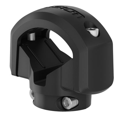 Black motorcycle handlebar mount with secure screw design for audio accessories