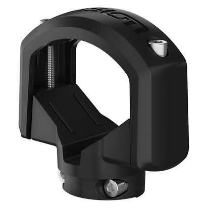 Black motorcycle handlebar mount with secure screw design for audio or accessory installation