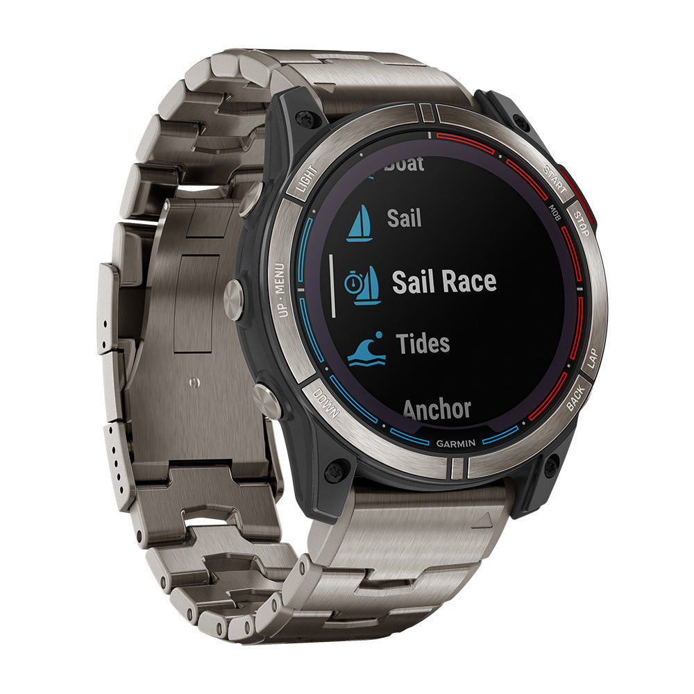 Garmin smartwatch with sail race, tides, and anchor features on display, ideal for boating and marine navigation.