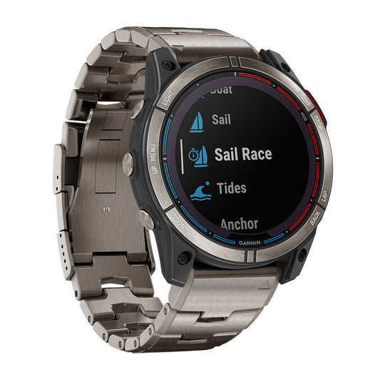 Garmin smartwatch with sail race, tides, and anchor features on display, ideal for boating and marine navigation.