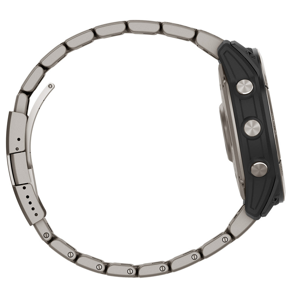 Stainless steel watch band with black side buttons, sleek modern design