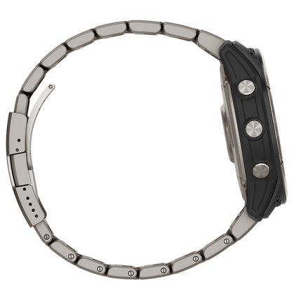 Stainless steel watch band with black side buttons, sleek modern design