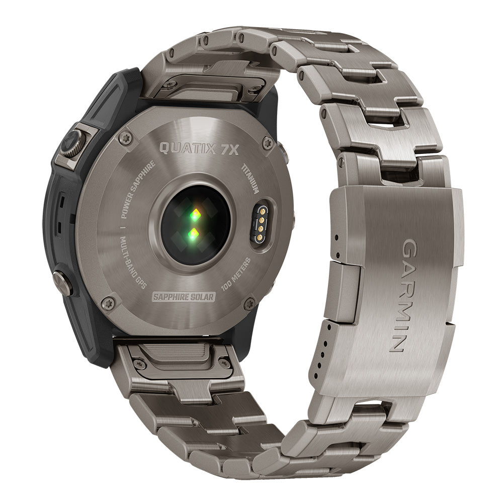 Garmin Quatix 7X titanium smartwatch with sapphire solar charging, 100m water resistance, and metal band