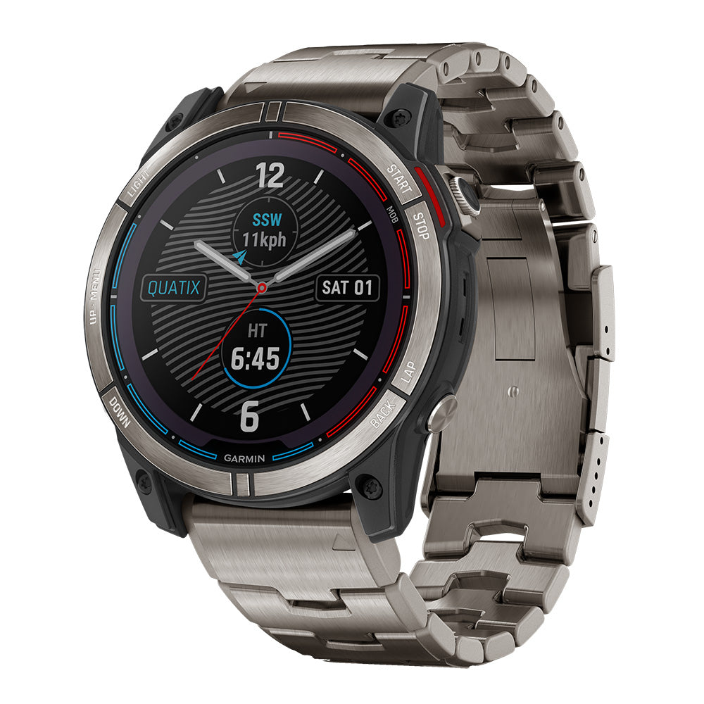 Garmin Quatix smartwatch with stainless steel band, displaying speed and time on black dial