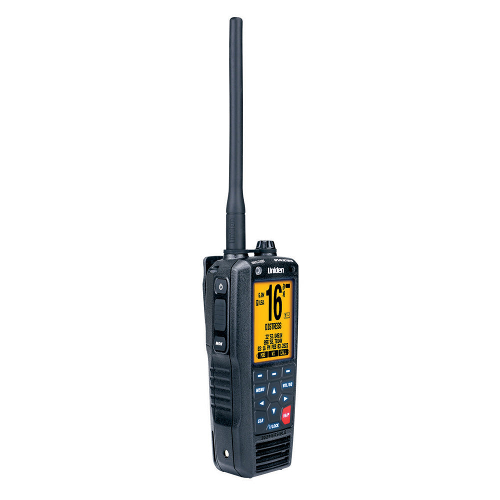 Uniden marine VHF radio with distress alert, GPS, and waterproof design for boating safety