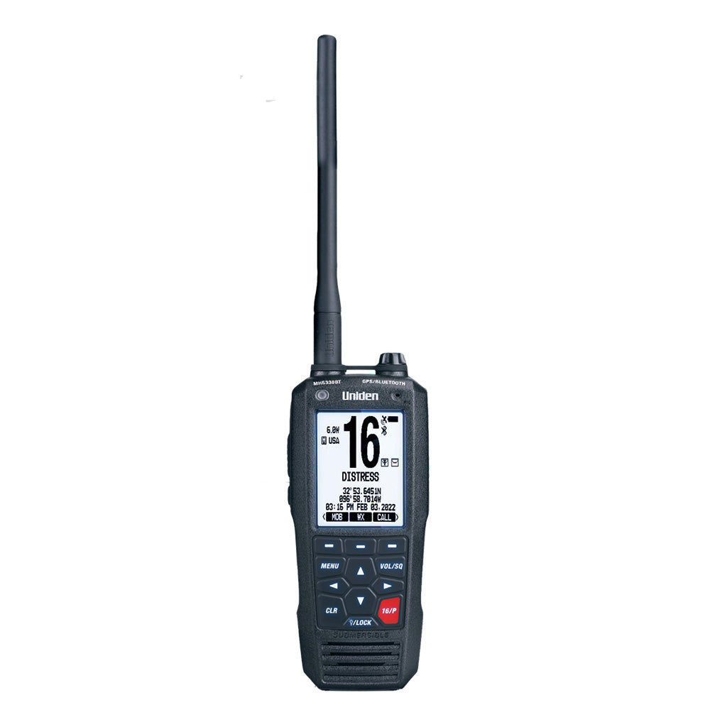Uniden marine VHF radio with GPS, Bluetooth, and distress alert features for boating safety