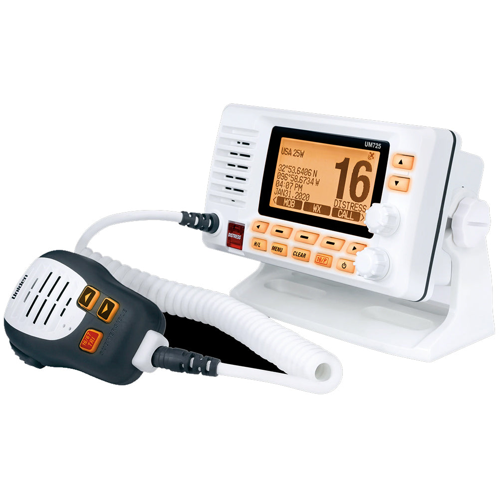 Uniden marine VHF radio with distress call button and GPS coordinates display, model UM725