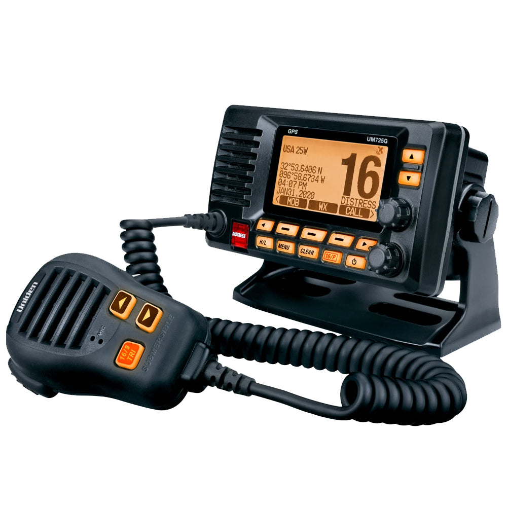 Uniden UM725G marine VHF radio with GPS, distress call button, and submersible mic for boating safety