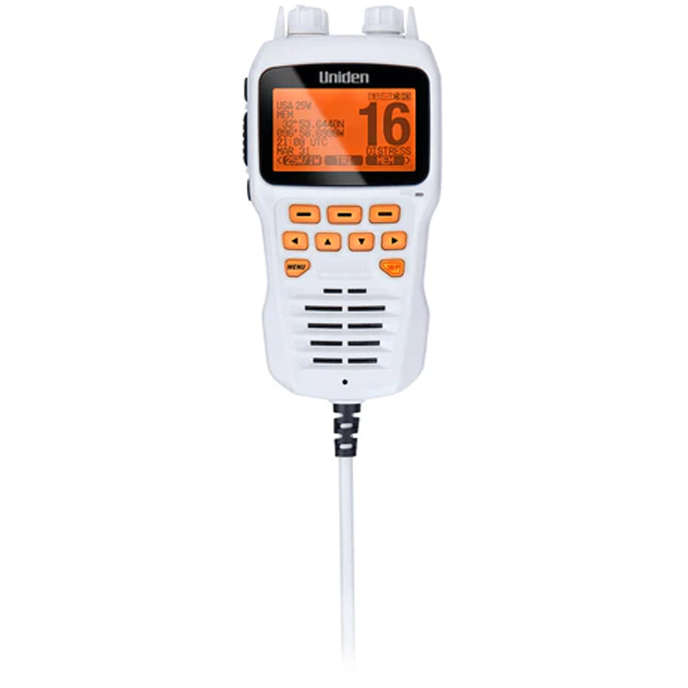Uniden marine VHF radio with orange display and channel 16, ideal for boating safety and communication.