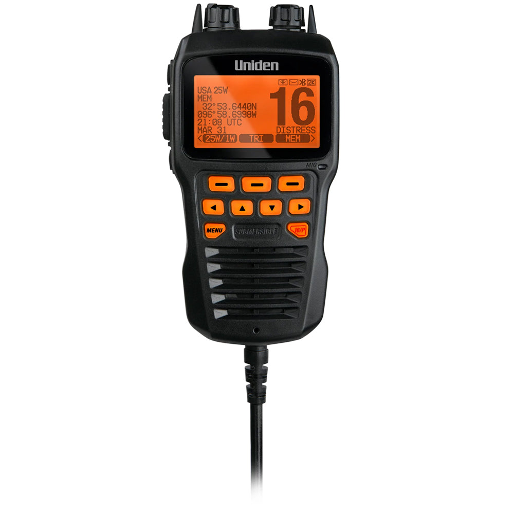 Uniden marine VHF radio with orange display showing channel 16 distress, GPS coordinates, and menu buttons