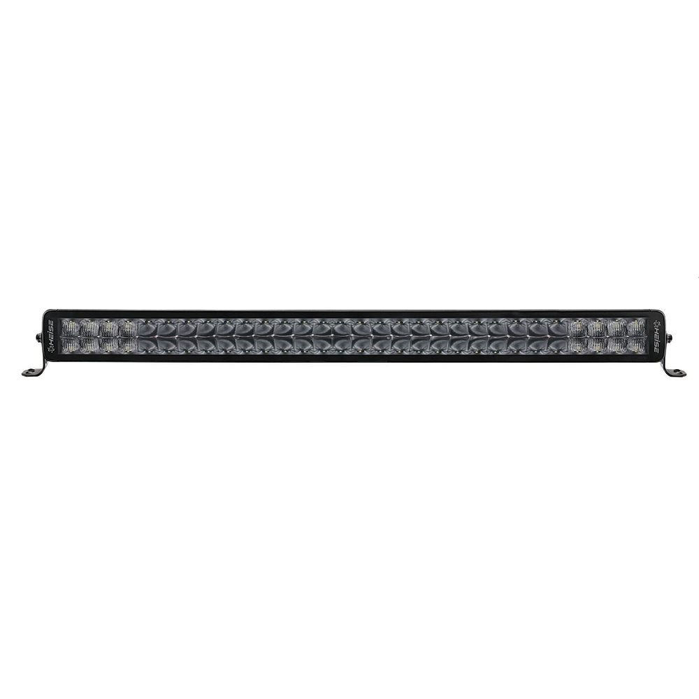 Black LED light bar with multiple diodes for off-road or automotive use, featuring mounting brackets.