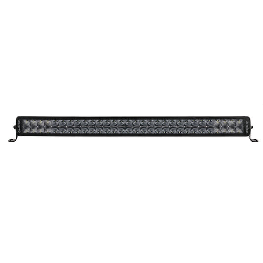 Black LED light bar with multiple diodes for off-road or automotive use, featuring mounting brackets.