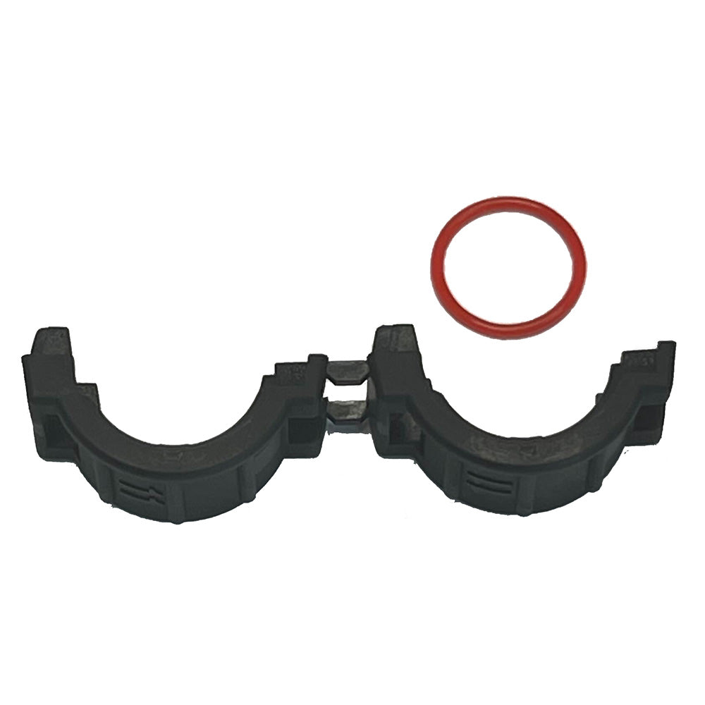 Black plastic pipe clamp with red O-ring seal for auto or residential installation