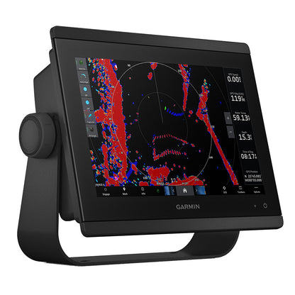 Garmin marine radar display showing sonar, GPS speed, depth, and water temp for boating navigation
