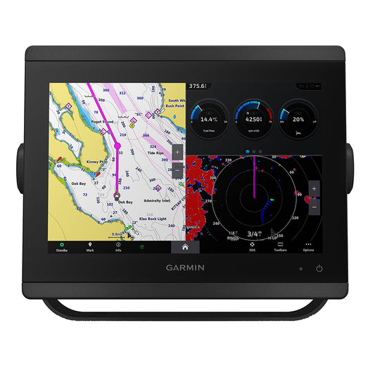 Garmin marine GPS chartplotter with navigation map, sonar, and engine data display for boating