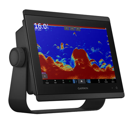 Garmin fish finder with vivid sonar display showing underwater terrain and depth readings