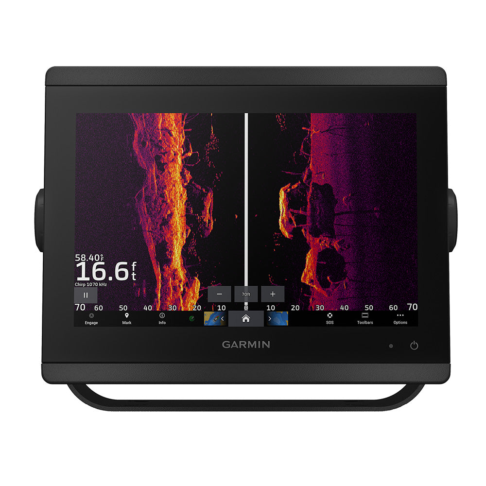 Garmin fish finder displaying sonar depth and underwater structure for boating and fishing