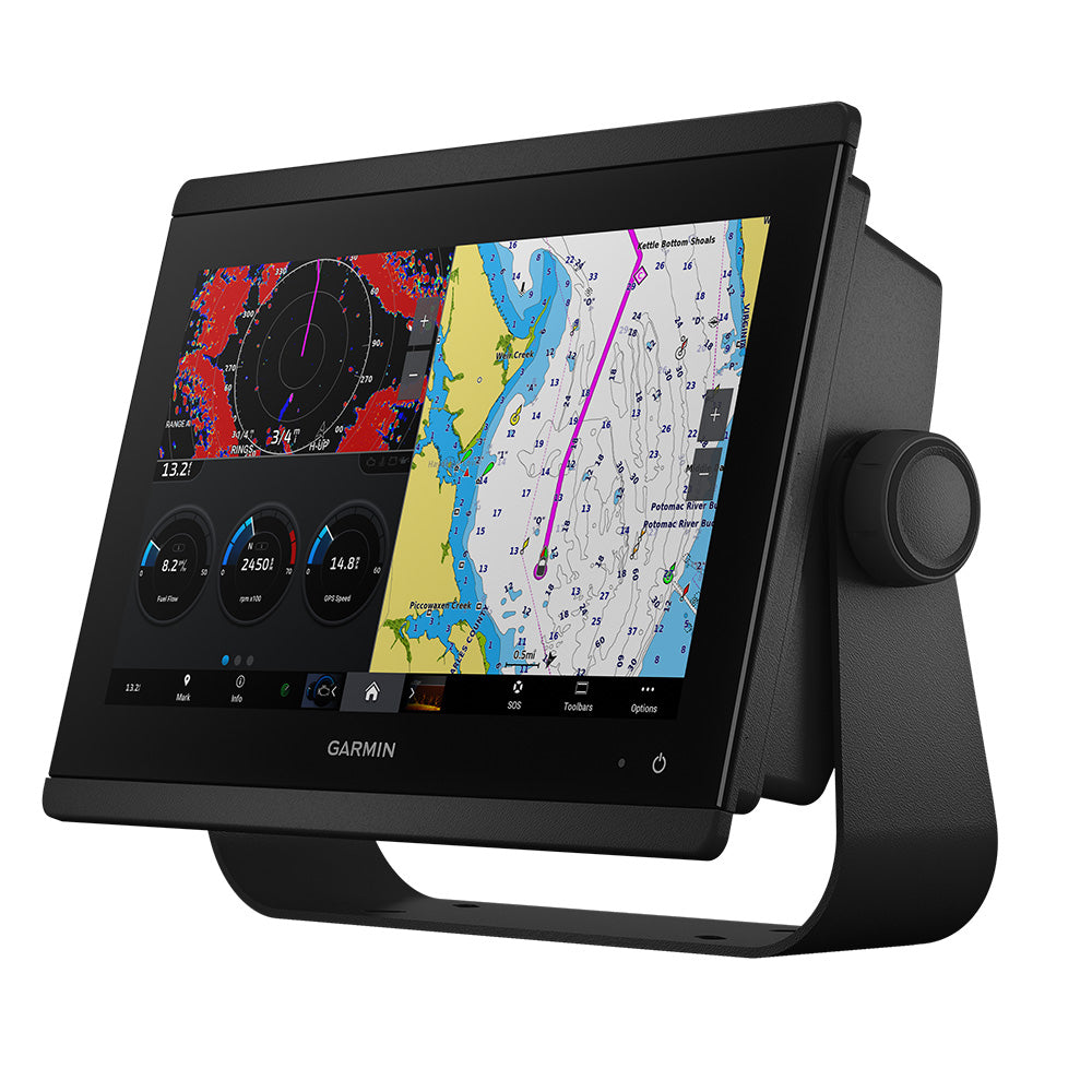 Garmin marine GPS chartplotter with sonar, navigation maps, and engine data display for boating