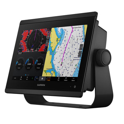 Garmin marine GPS chartplotter with sonar, navigation maps, and engine data display for boating