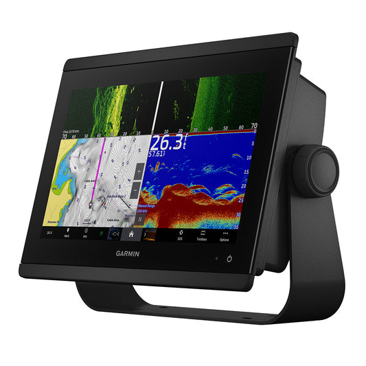 Garmin marine fish finder with GPS chartplotter, sonar, and depth display for boating navigation